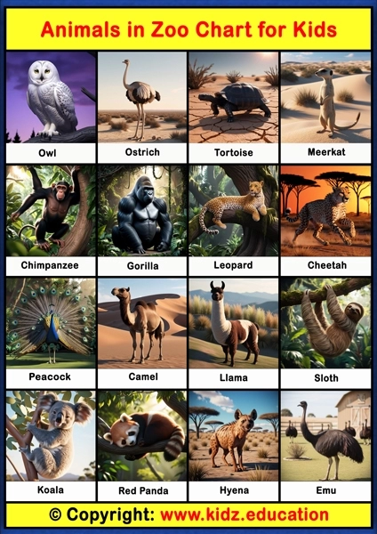 Animals in Zoo Chart - 2 | Printable Educational Chart for Kids