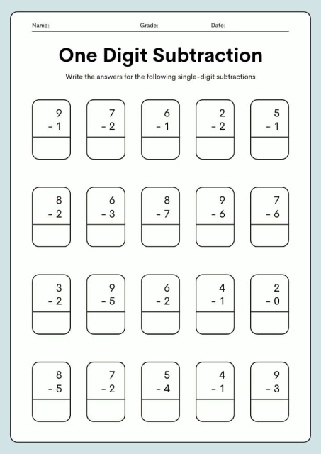 One Digit Subtraction for Kids