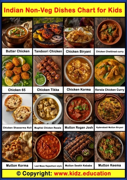 Indian Non-Veg Dishes Chart – 1 | Printable Educational Chart for Kids